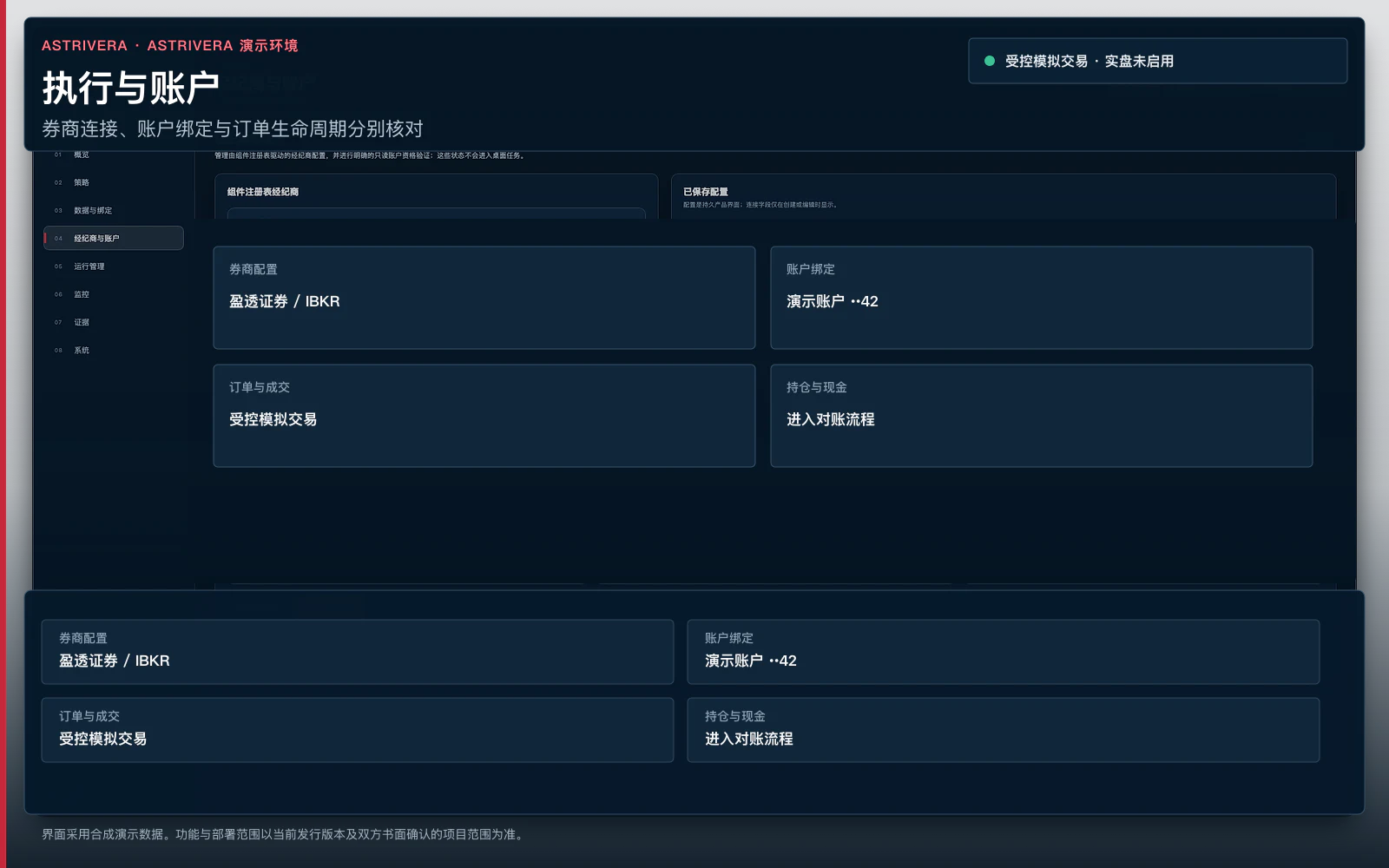 ASTRIVERA 执行与账户界面，展示券商配置、账户绑定、订单与成交及对账