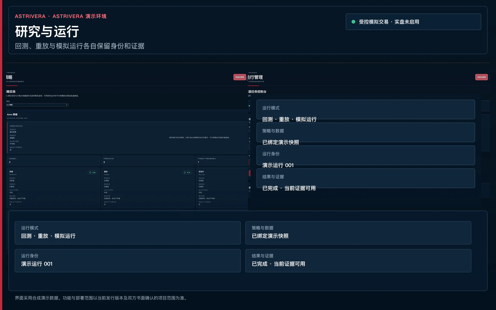 ASTRIVERA 研究与运行界面，展示策略与数据绑定、回测、重放和模拟运行